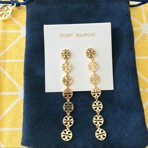 NEW Tory Burch Gold Linear Logo Drop Earrings